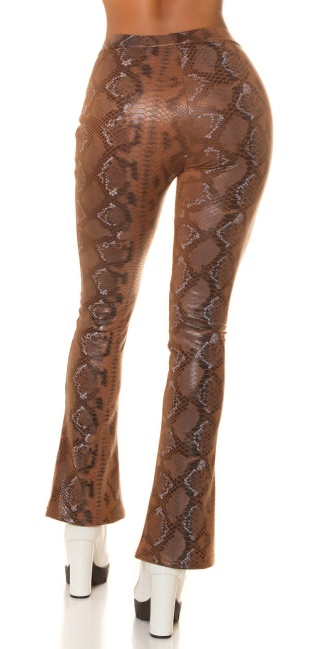 faux leder hoge taille flared broek met slangen-print bruin